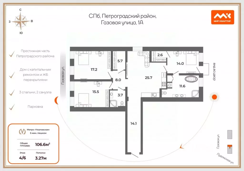 4-к кв. Санкт-Петербург Газовая ул., 1а (106.6 м) - Фото 2
