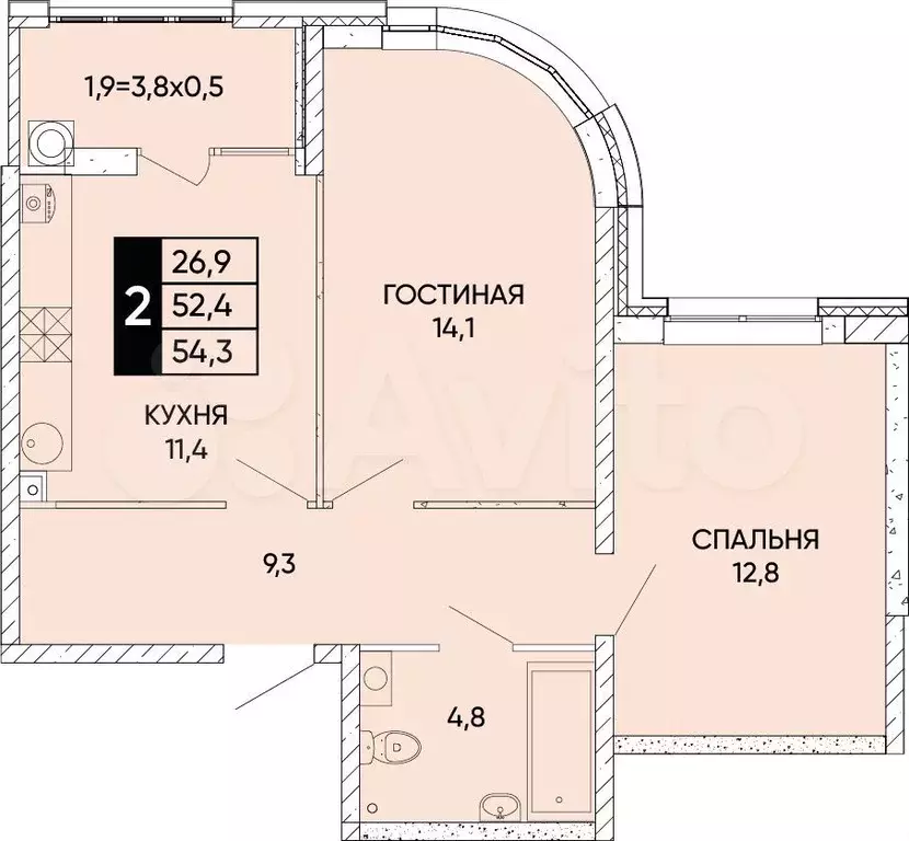 2-к. квартира, 54,3м, 2/24эт. - Фото 0