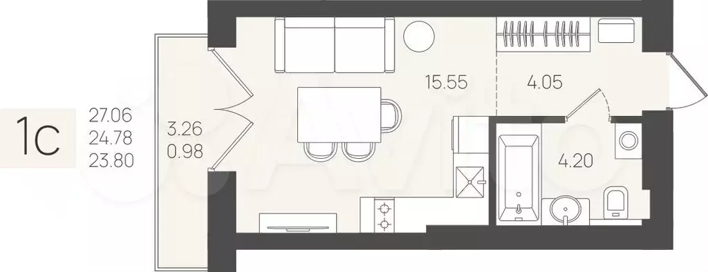 Квартира-студия, 23,8 м, 4/5 эт. - Фото 1
