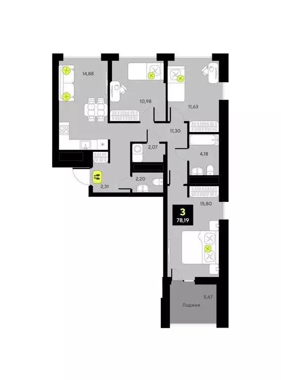 3-комнатная квартира: Тюмень, улица Андрея Приказнова, 7 (78.19 м) - Фото 0
