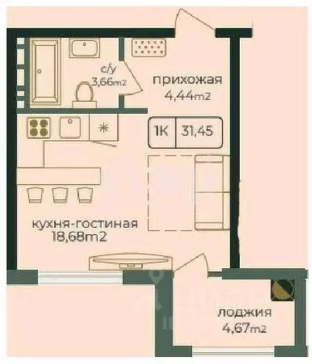 Студия Дагестан, Каспийск просп. Акулиничева (31.45 м) - Фото 0