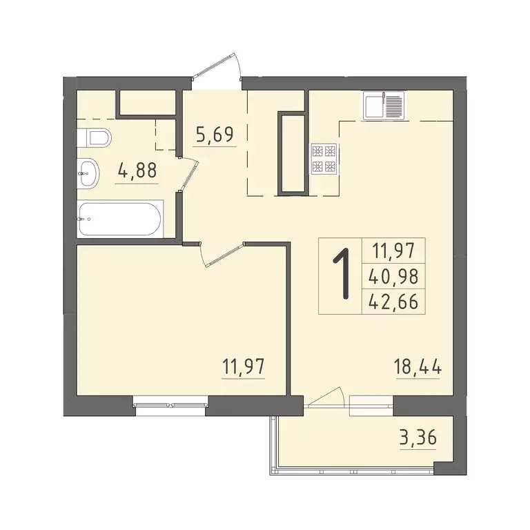 1-к квартира, 42.66 м - Фото 0