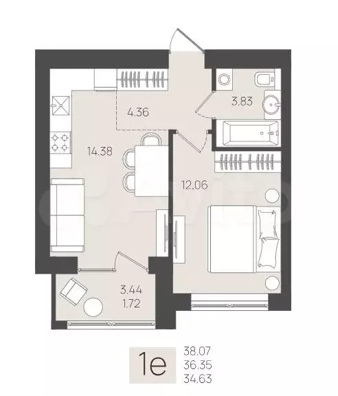 1-к. квартира, 36,4 м, 4/5 эт. - Фото 1