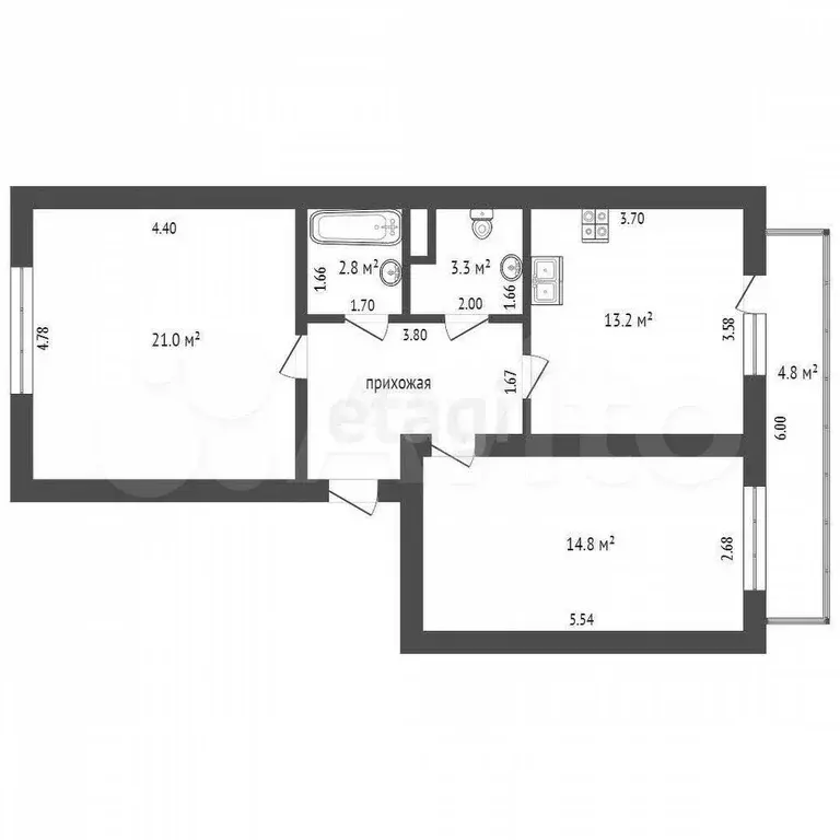 2-к. квартира, 60,7 м, 5/5 эт. - Фото 0