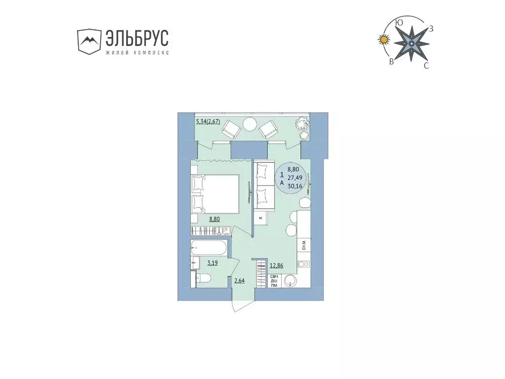 1-комнатная квартира: Уфа, микрорайон Юрюзань, ЖК Эльбрус, ск1 (30.16 ... - Фото 1