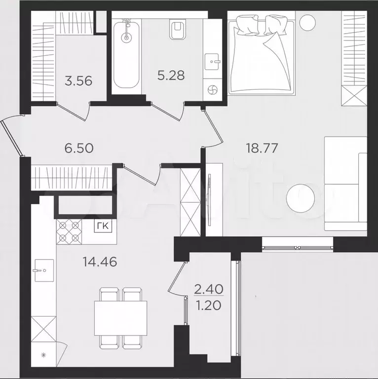 1-к. квартира, 49,8 м, 2/9 эт. - Фото 1
