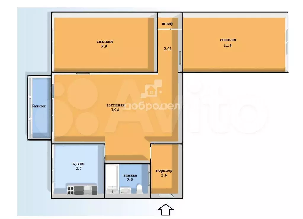 3-к. квартира, 54,1 м, 5/5 эт. - Фото 0