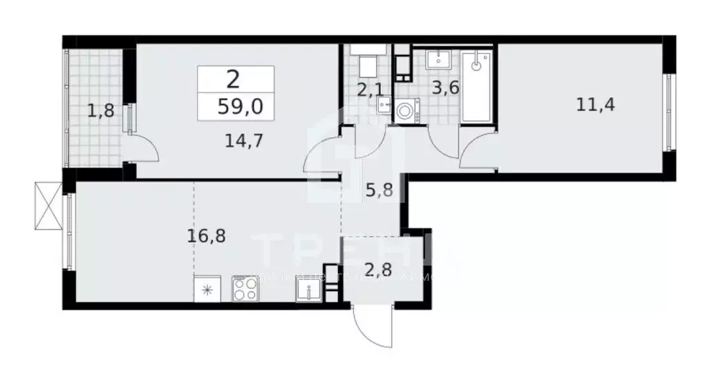 2-комнатная квартира: деревня Лаголово, Дудергофская улица, 3к2 (59 м) - Фото 1