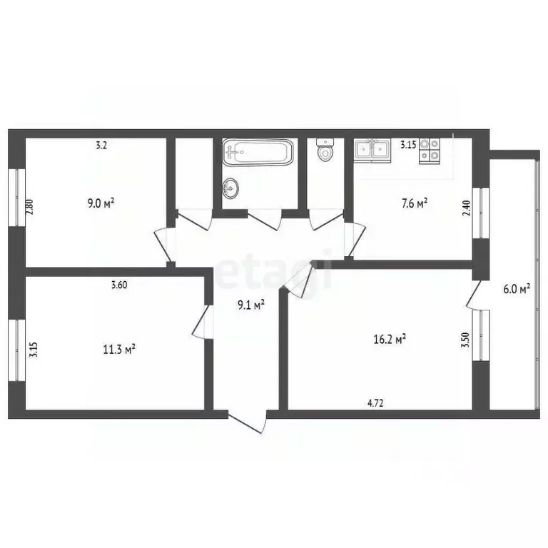 3-к кв. Саратовская область, Балашов ул. Орджоникидзе, 1 (57.0 м) - Фото 1