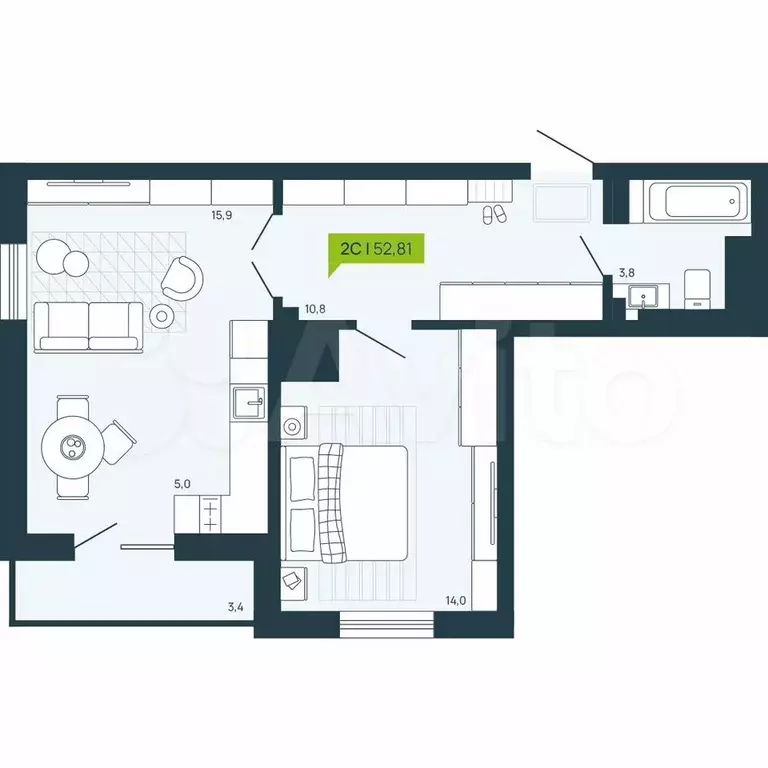 Квартира-студия, 52,8 м, 14/17 эт. - Фото 0
