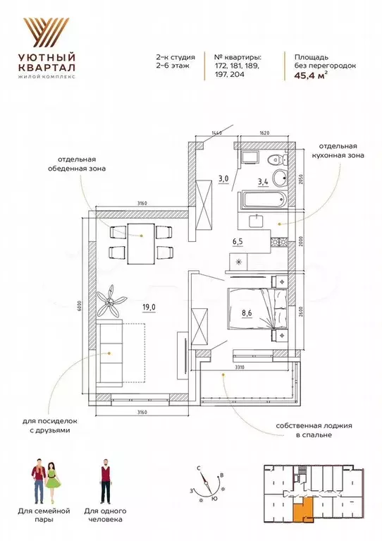 2-к. квартира, 45,4 м, 2/8 эт. - Фото 0