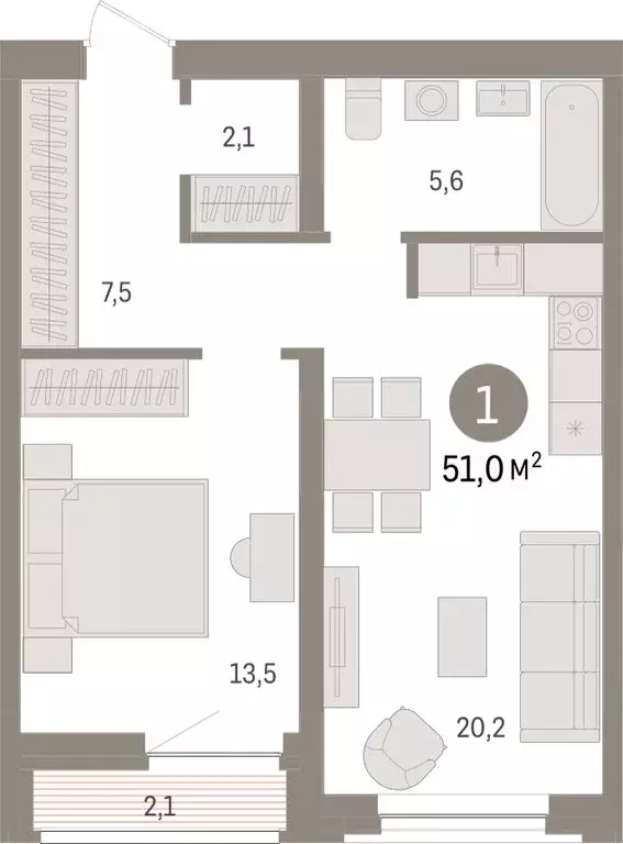 1-комнатная квартира: Тюмень, жилой комплекс Речной Порт (50.9 м) - Фото 2