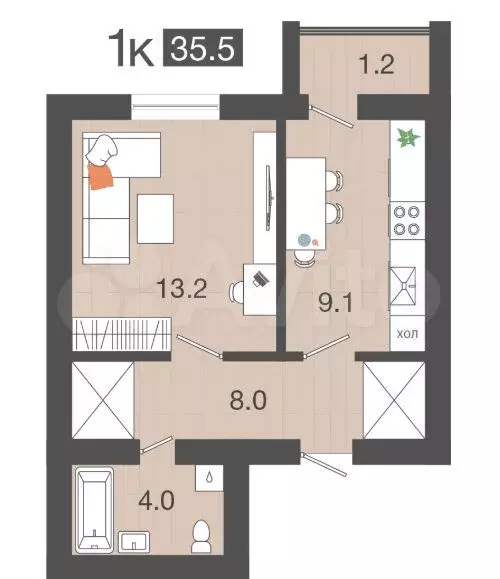 1-к. квартира, 35,5 м, 2/4 эт. - Фото 1