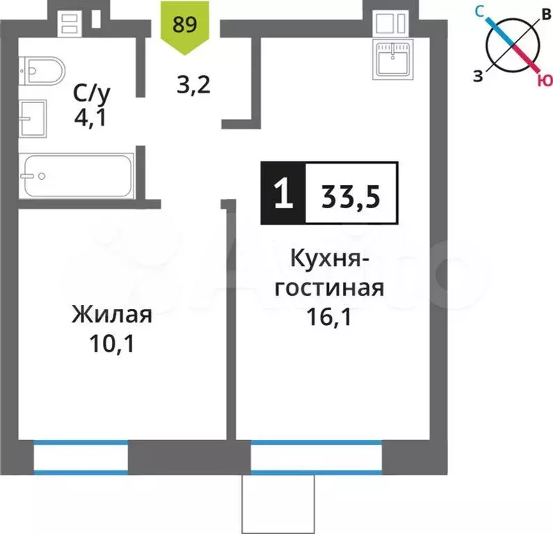 1-к. квартира, 33,5 м, 4/9 эт. - Фото 0