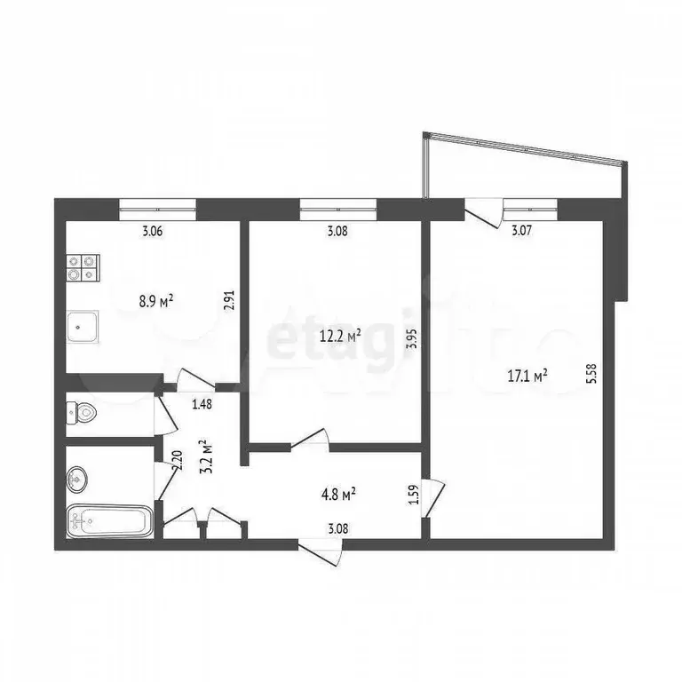 2-к. квартира, 50,1 м, 2/9 эт. - Фото 0