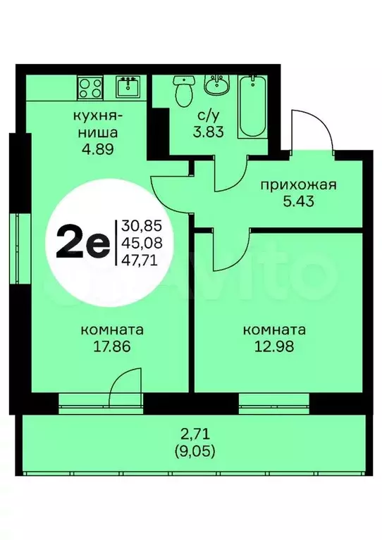 2-к. квартира, 47,7 м, 2/15 эт. - Фото 0