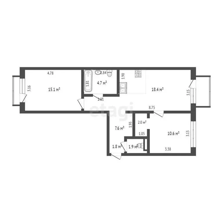 2-комнатная квартира: Тюмень, улица Газовиков, 34 (62.1 м) - Фото 1