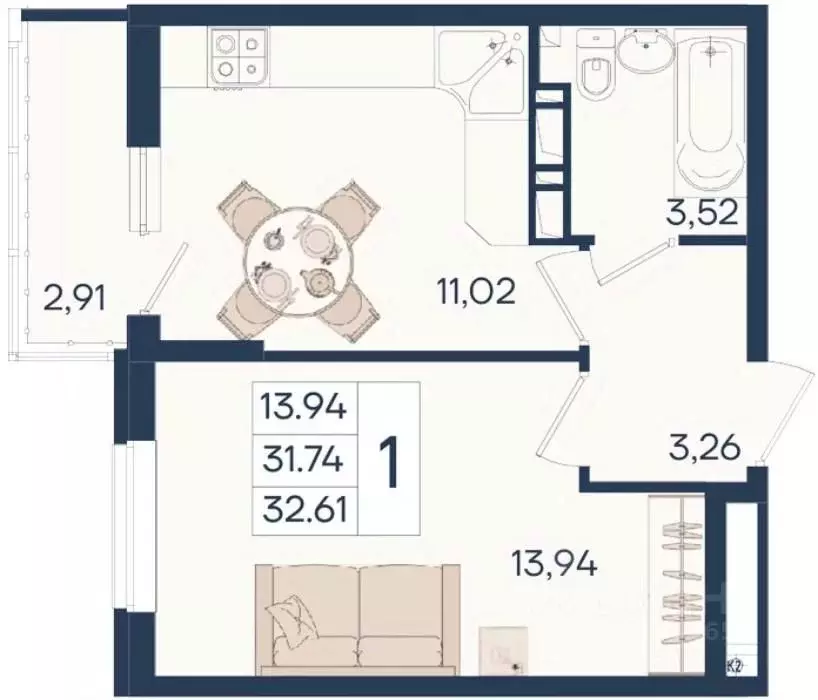 1-к кв. Краснодарский край, Краснодар  (32.61 м) - Фото 0