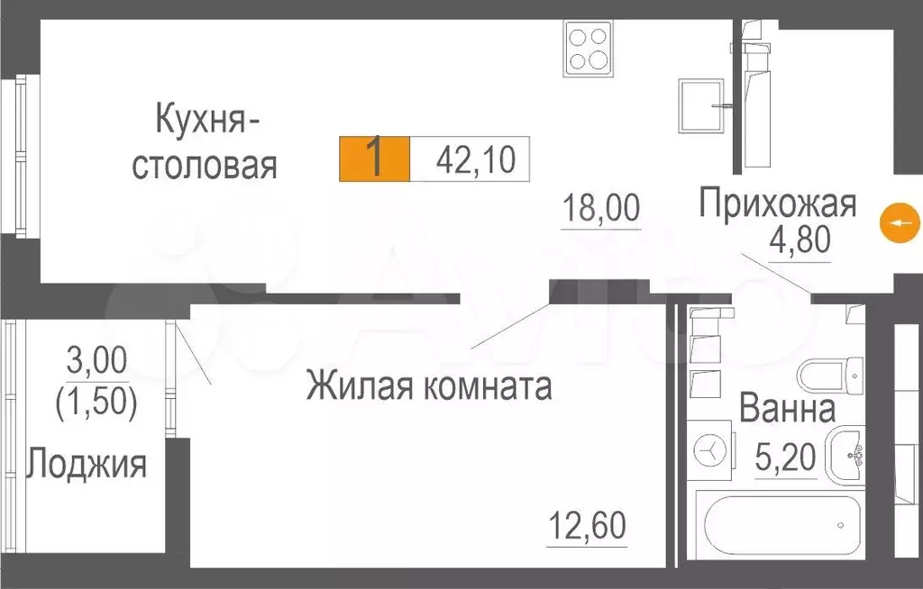 1-к. квартира, 42,1 м, 5/25 эт. - Фото 0