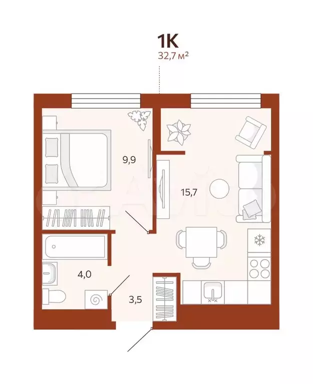 1-к. квартира, 32,7 м, 3/14 эт. - Фото 0