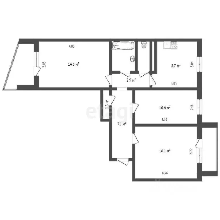 3-к кв. Коми, Усинск ул. Мира, 13А (68.9 м) - Фото 1