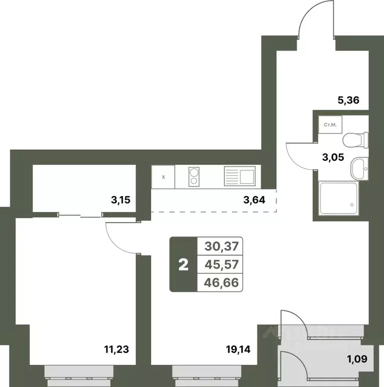 2-к кв. Башкортостан, Уфимский район, с. Миловка  (46.66 м) - Фото 0