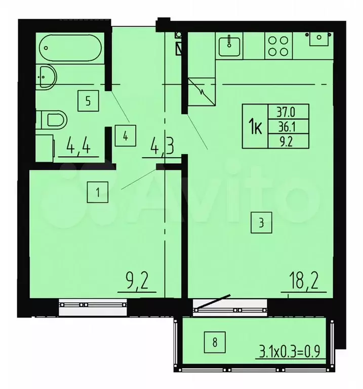 1-к. квартира, 37 м, 5/8 эт. - Фото 1