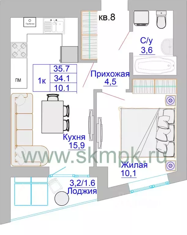 1-к кв. Калининградская область, Калининград Печатная ул. (35.7 м) - Фото 0