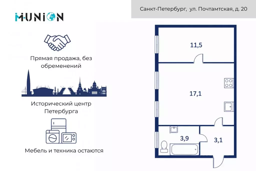 1-к кв. Санкт-Петербург Почтамтская ул., 20 (35.6 м) - Фото 2