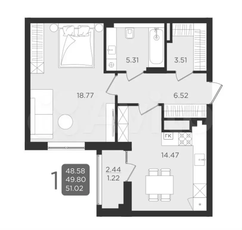 1-к. квартира, 50 м, 9/9 эт. - Фото 1