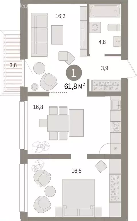 1-комнатная квартира: Тюмень, Мысовская улица, 26к1 (61.75 м) - Фото 1