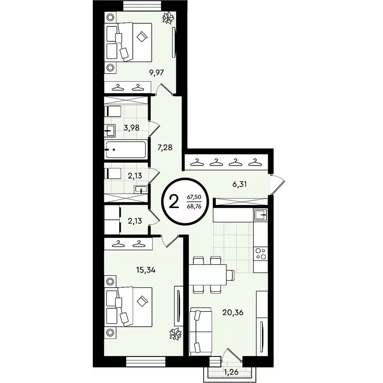 2-комнатная квартира: Тюмень, улица Александра Звягина, 3 (68.76 м) - Фото 0