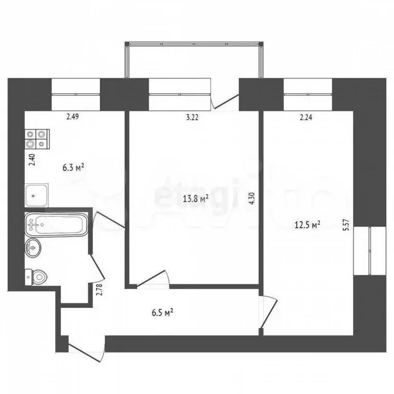 2-к. квартира, 42,5 м, 2/5 эт. - Фото 0
