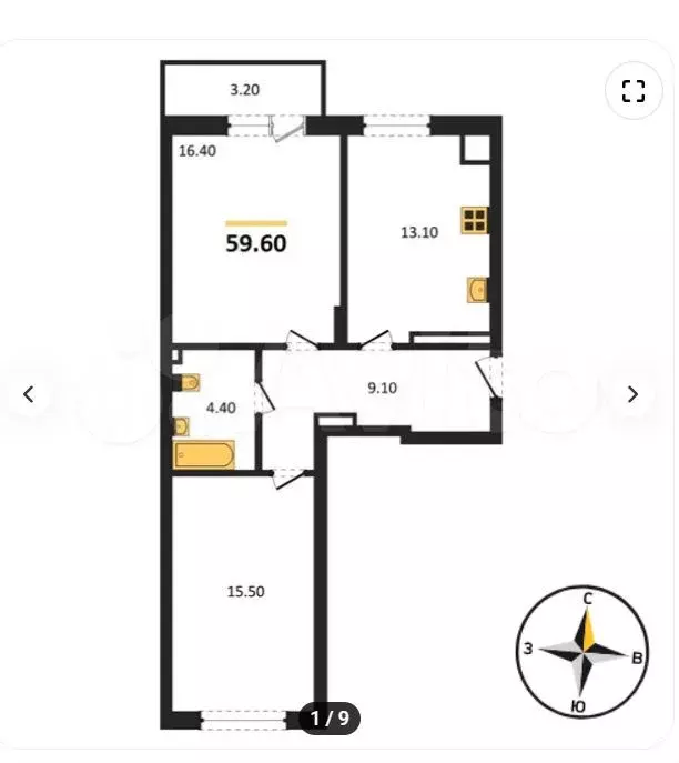 2-к. квартира, 59,6 м, 2/8 эт. - Фото 1