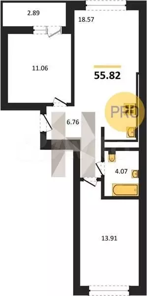 2-к. квартира, 55,8 м, 6/9 эт. - Фото 0