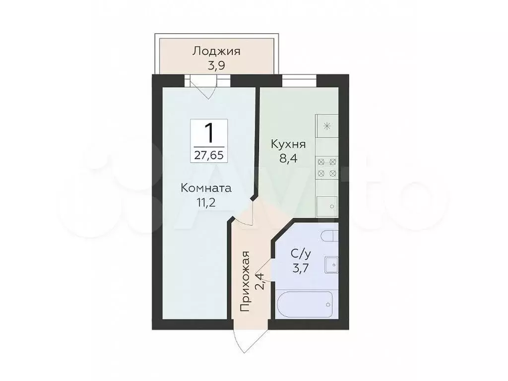 1-к. квартира, 27,7 м, 2/16 эт. - Фото 0