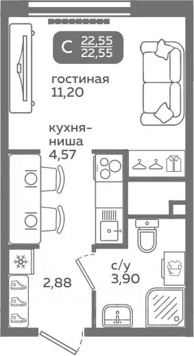 Студия Тюменская область, Тюмень ул. Заполярная, 9/2 (22.55 м) - Фото 0