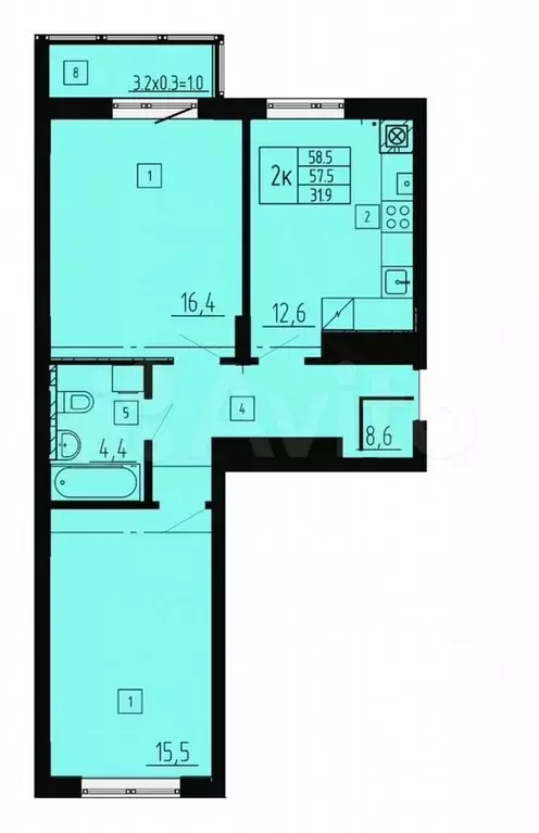 2-к. квартира, 58,5 м, 5/8 эт. - Фото 1