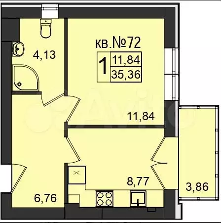 1-к. квартира, 32,7 м, 2/5 эт. - Фото 1