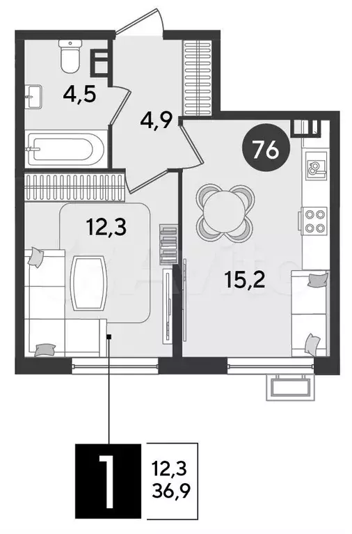 1-к. квартира, 36,9 м, 6/9 эт. - Фото 1