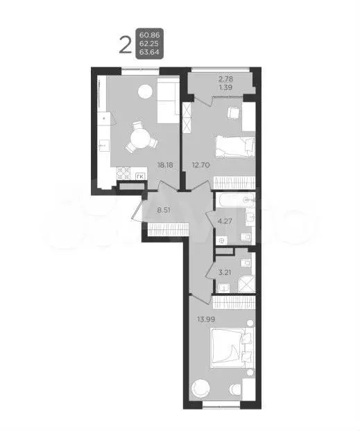 2-к. квартира, 63,6 м, 1/9 эт. - Фото 1