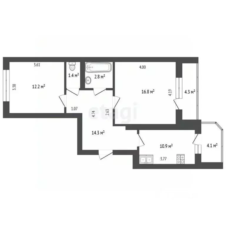 2-к кв. Тюменская область, Тюмень ул. Василия Гольцова, 2 (59.0 м) - Фото 2