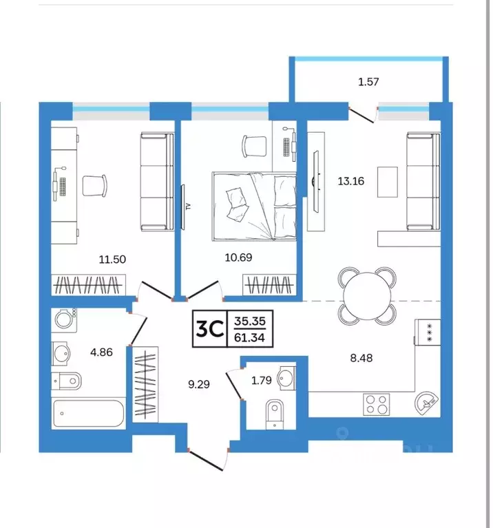 3-к кв. Башкортостан, Уфа ул. Софьи Перовской, 22 (61.3 м) - Фото 1