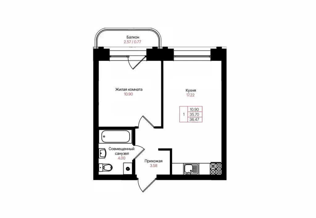 1-к кв. Татарстан, Казань Лето жилой комплекс (36.47 м) - Фото 2