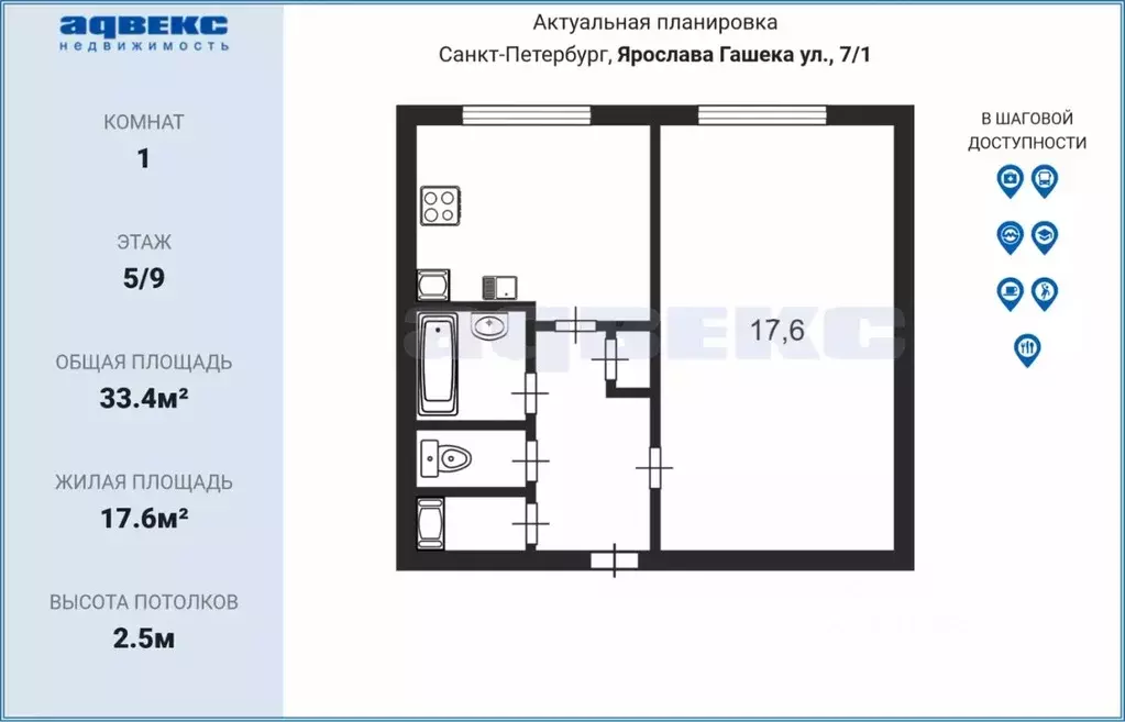 1-к кв. санкт-петербург ул. ярослава гашека, 7к1 (33.4 м) - Фото 1