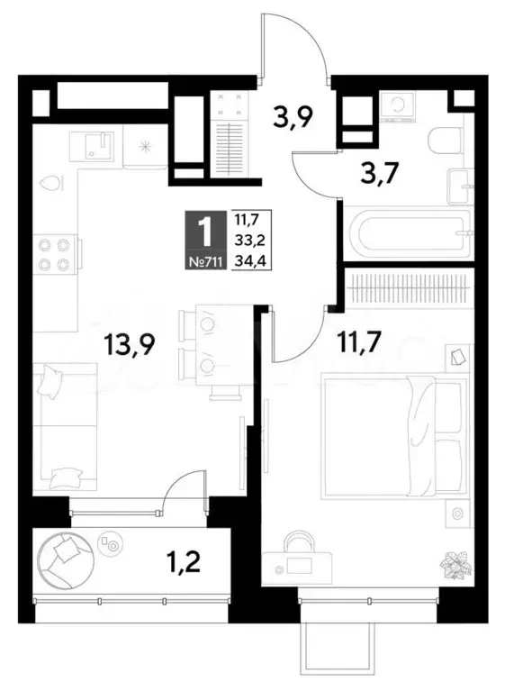 1-к. квартира, 34,4 м, 12/21 эт. - Фото 0