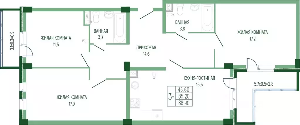 3-к кв. Краснодарский край, Краснодар Круговая ул., 4/1 (90.76 м) - Фото 0