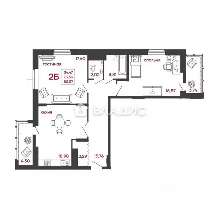 2-к кв. Пензенская область, Пенза ул. Богданова, 34 (83.3 м) - Фото 2