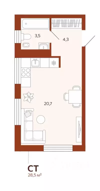 Студия Тюменская область, Тюмень ул. Новаторов, 30 (28.5 м) - Фото 1