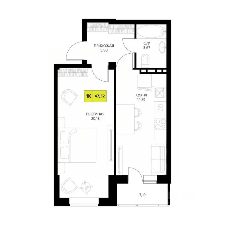 1-к кв. Дагестан, Дербент  (47.32 м) - Фото 1